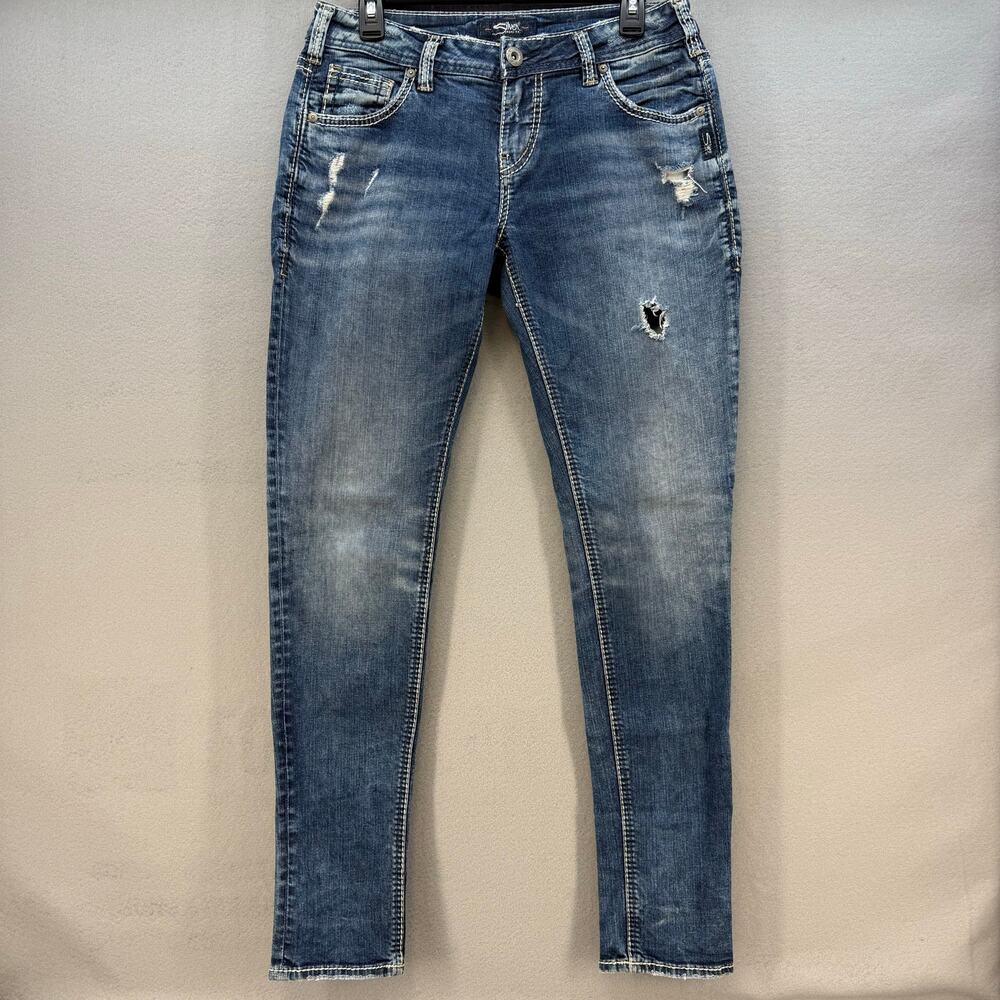 Silver Jean Co. Women's 28x29 Blue Girlfriend Mid Rise Skinny L27137SJL388